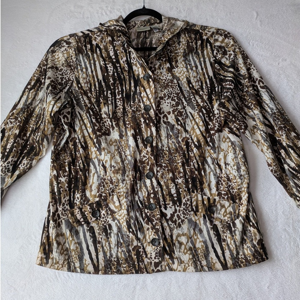 Zenergy by Chico's Animal Print Button Front Hooded Jacket Size 2‎ (Large)